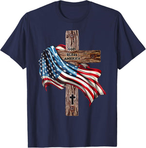 God Bless America Cross American Flag US Patriotic Christian T-Shirt - T-Shirt | Navy