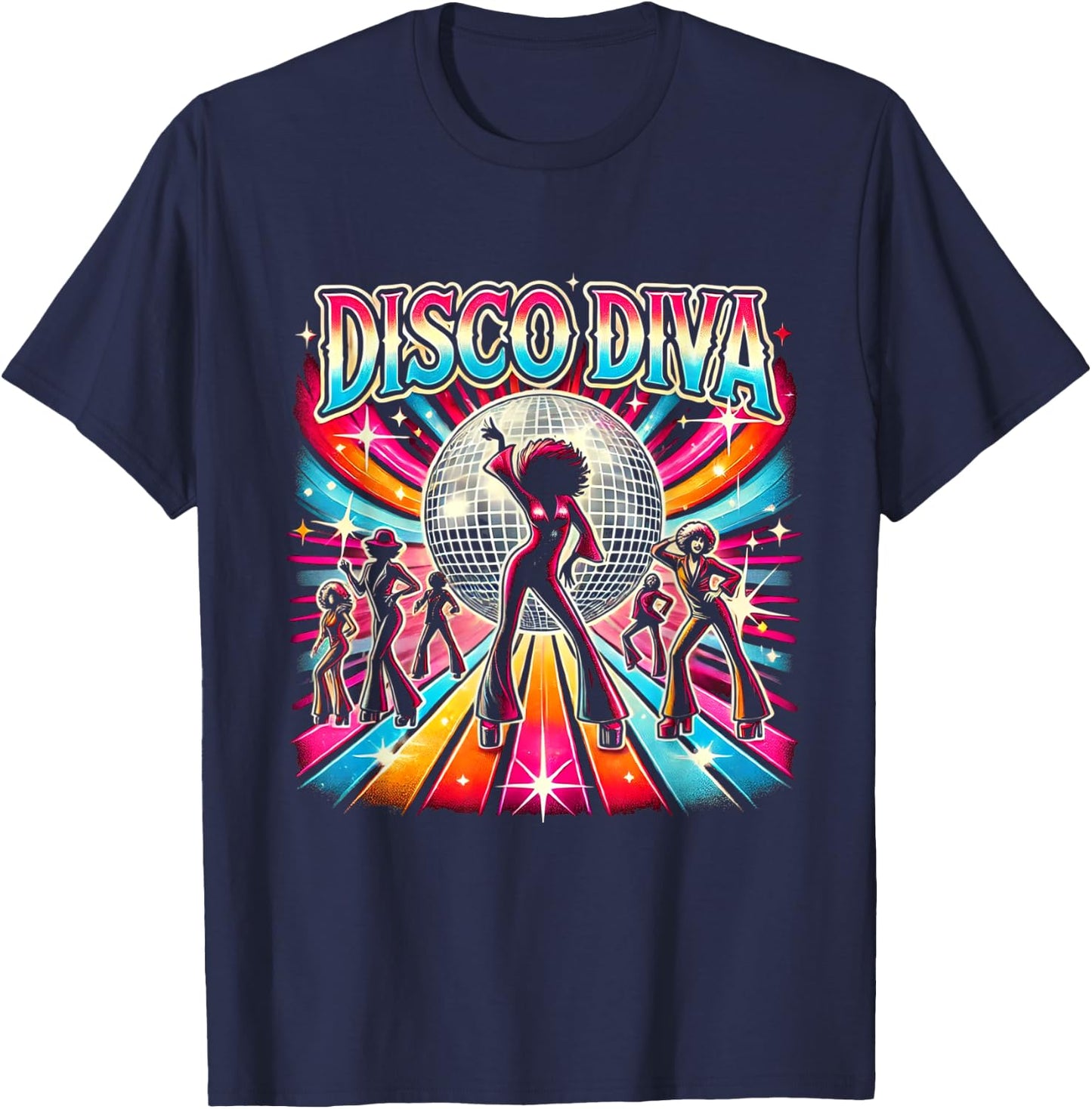 Ball Disco Diva Queen, 70s Retro Vintage Dancing , Black, S T-Shirt - T-Shirt | Navy
