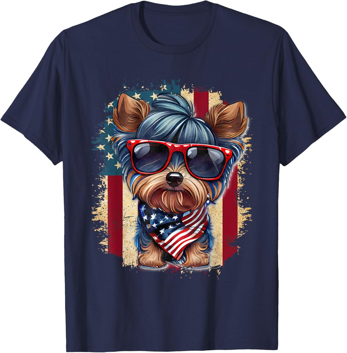 Cute Yorkie Dog Lover July 4th USA Flag Patriotic Merica T-Shirt - T-Shirt | Navy