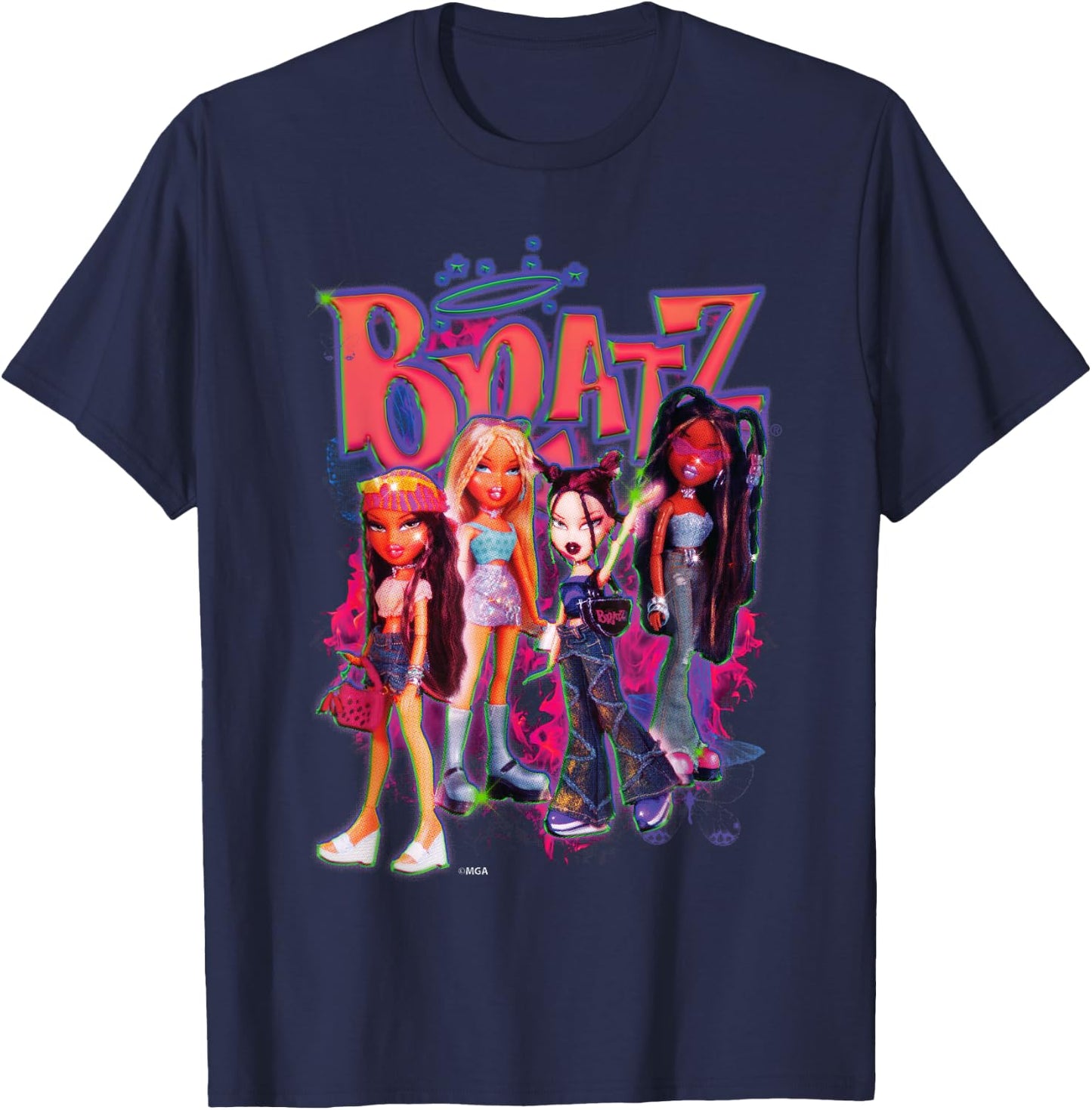 Bratz Girls On Neon Pink Fire , Black, S T-Shirt - T-Shirt | Navy