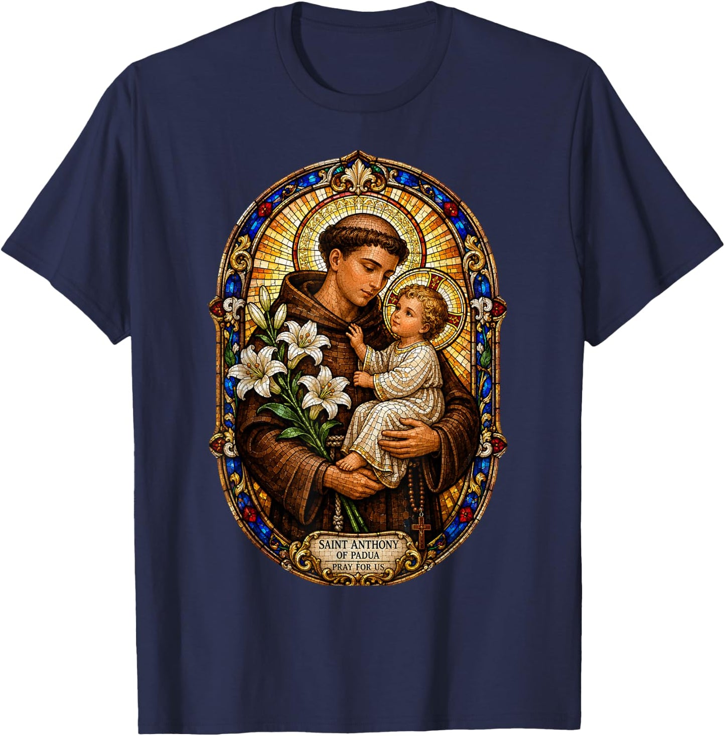 Saint Anthony of Padua Pray for Us Sacred Mosaic Art Faith T-Shirt - T-Shirt | Navy