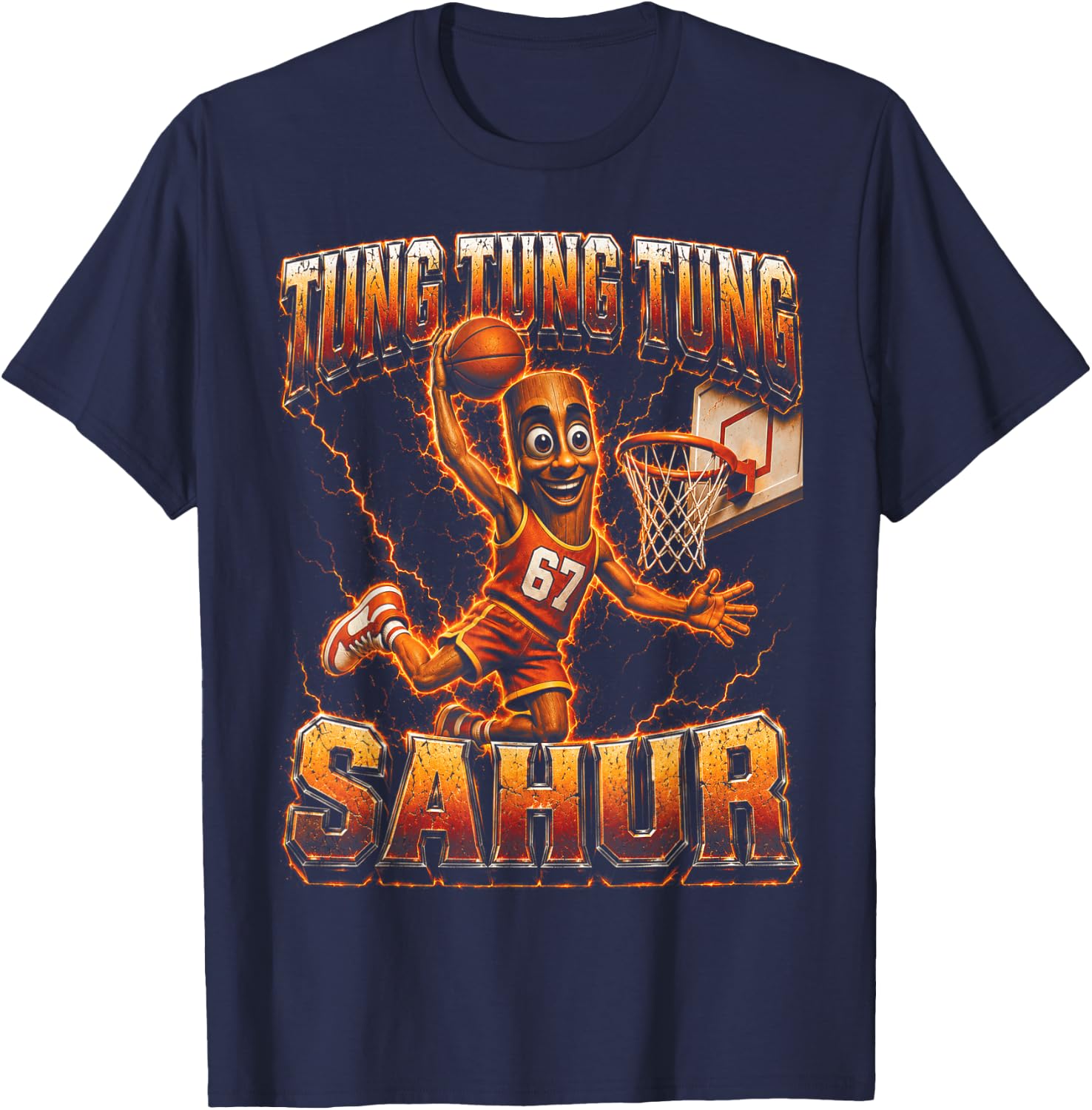 Tung Tung Tung Sahur Basketball Fire Dunk Italian Brainrot T-Shirt - T-Shirt | Navy