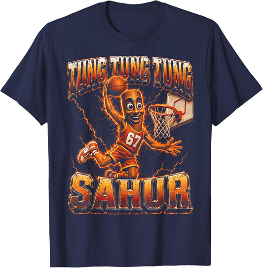 Tung Tung Tung Sahur Basketball Fire Dunk Italian Brainrot T-Shirt - T-Shirt | Navy