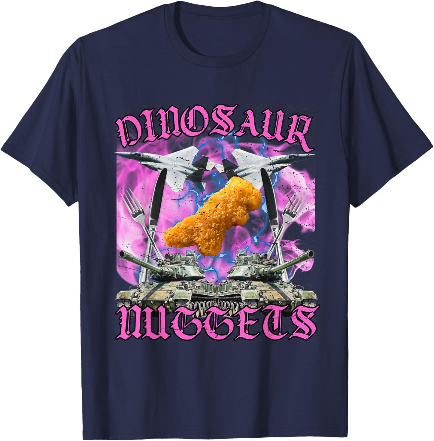 Dinosaur Chicken Nugget Dino Nugget Funny Meme , black T-Shirt - T-Shirt | Navy