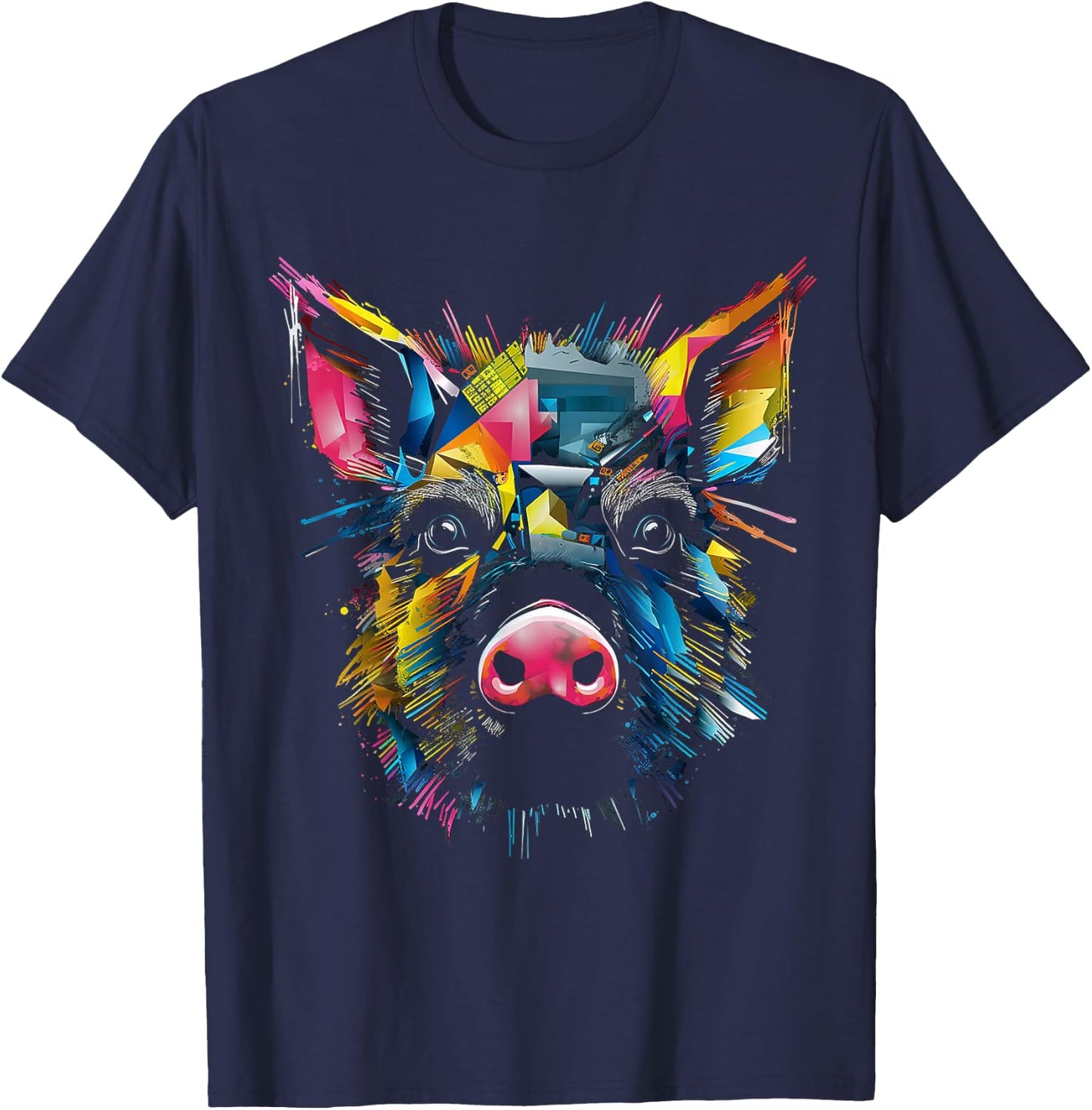 Pig Colorful Geometric Animal Lover Art Graphic Pig T-Shirt - T-Shirt | Navy