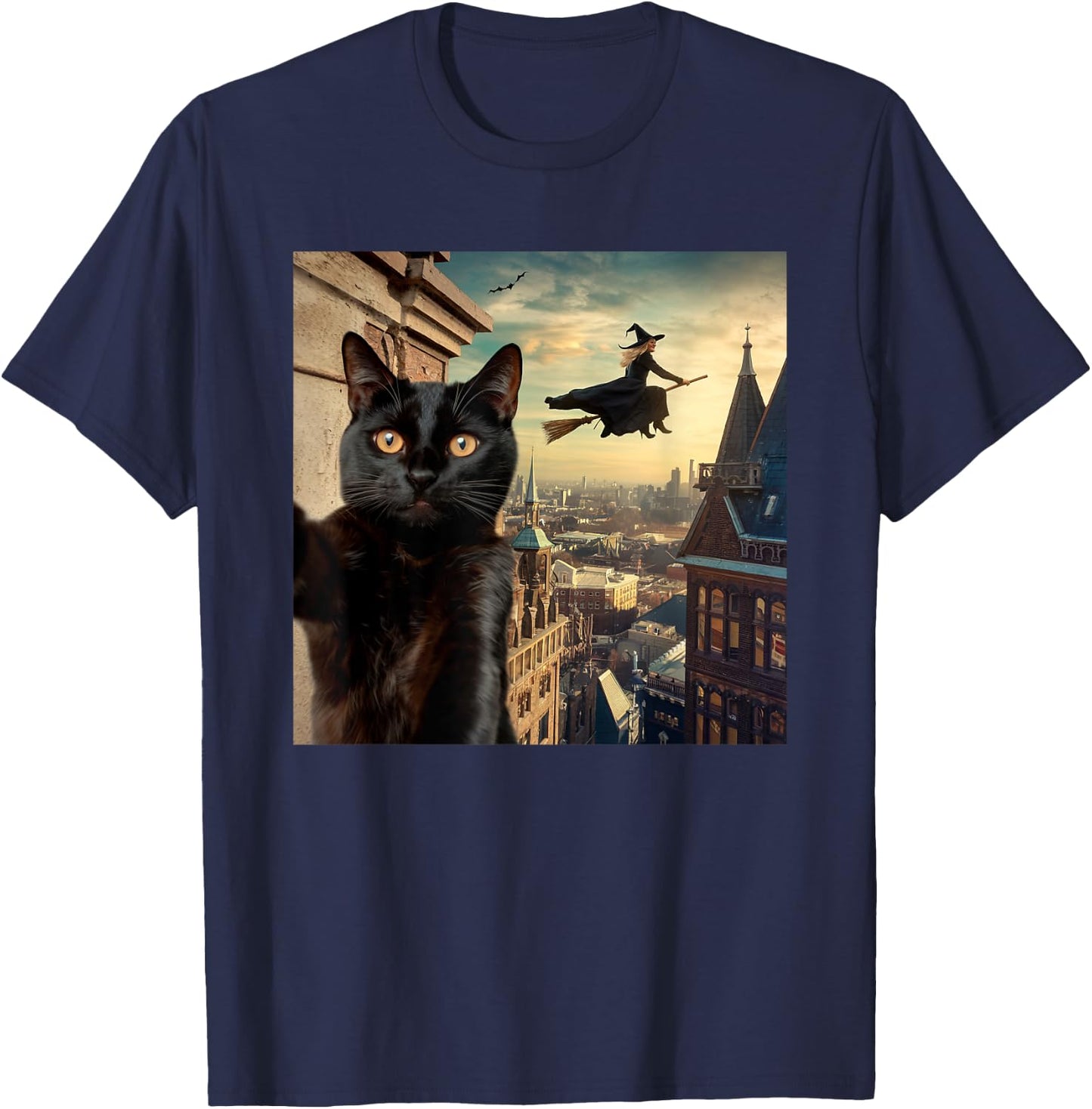 Witch and Black Cat Selfie Photo Halloween Magic Lovers T-Shirt - T-Shirt | Navy