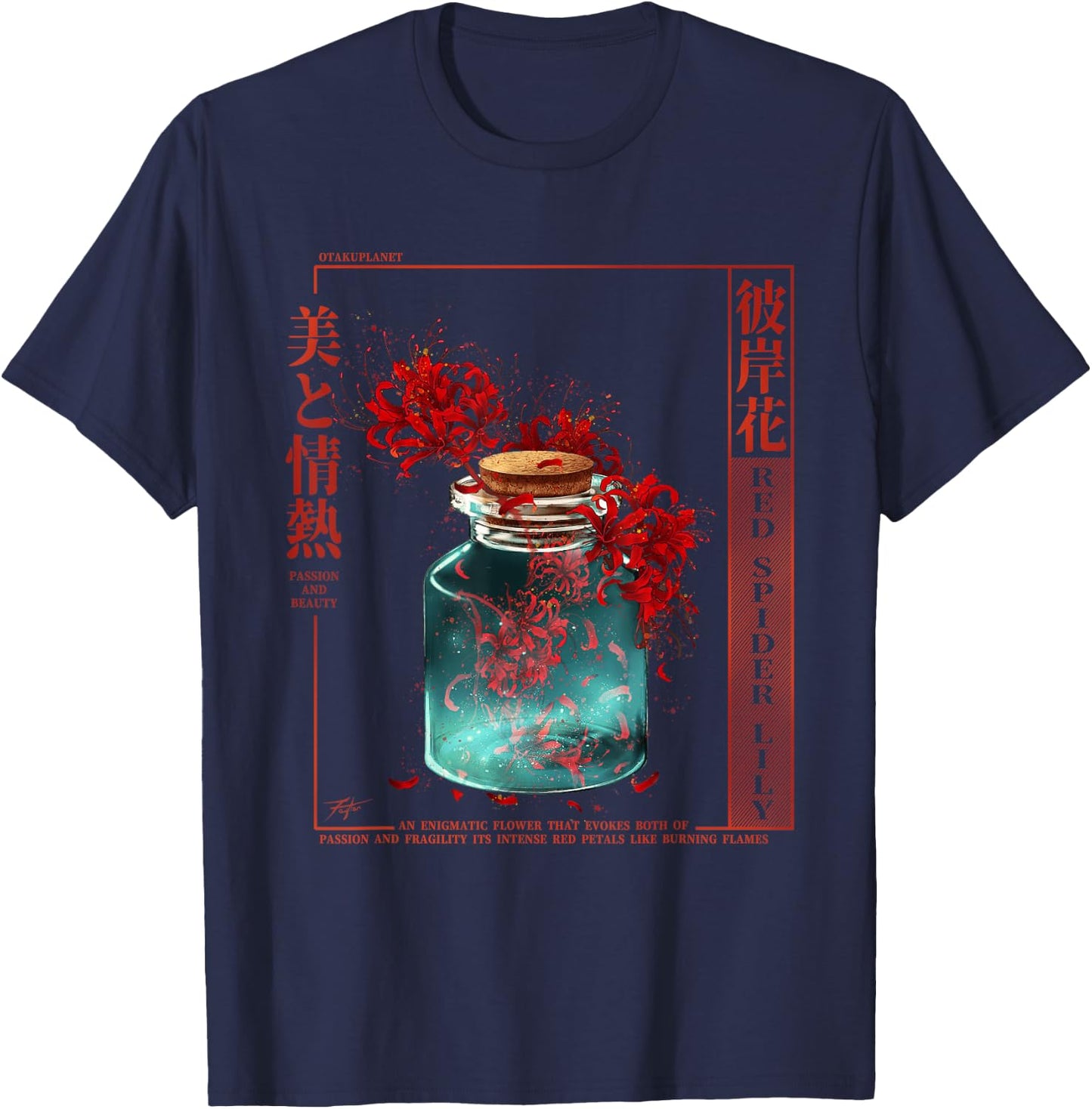Spider Lily in Japanese Anime Red Spider Lily Aesthetic T-Shirt - T-Shirt | Navy