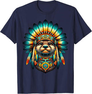Native Indian Otter Native American Indian Feathers T-Shirt - T-Shirt | Navy