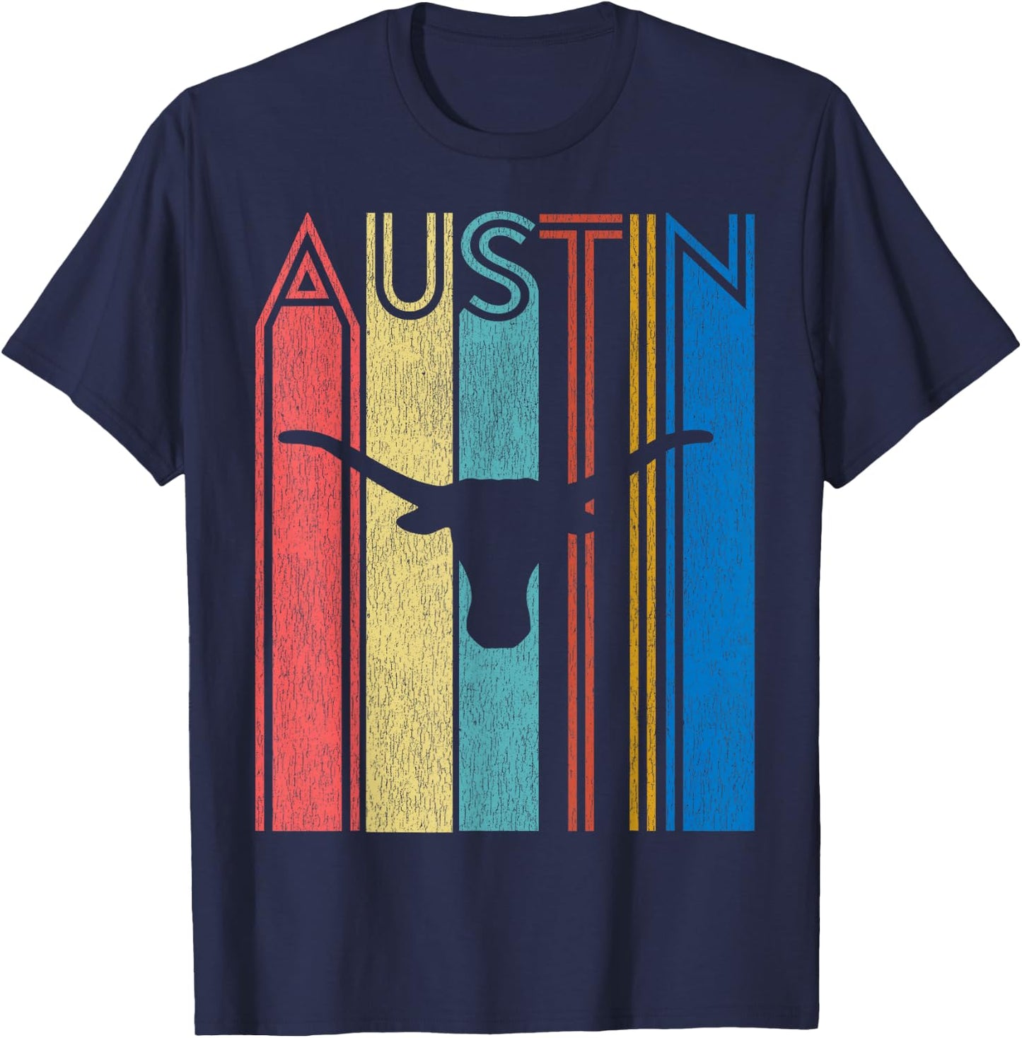 Retro Austin Longhorn Silhouette Skull Vintage Texas T-Shirt - T-Shirt | Navy