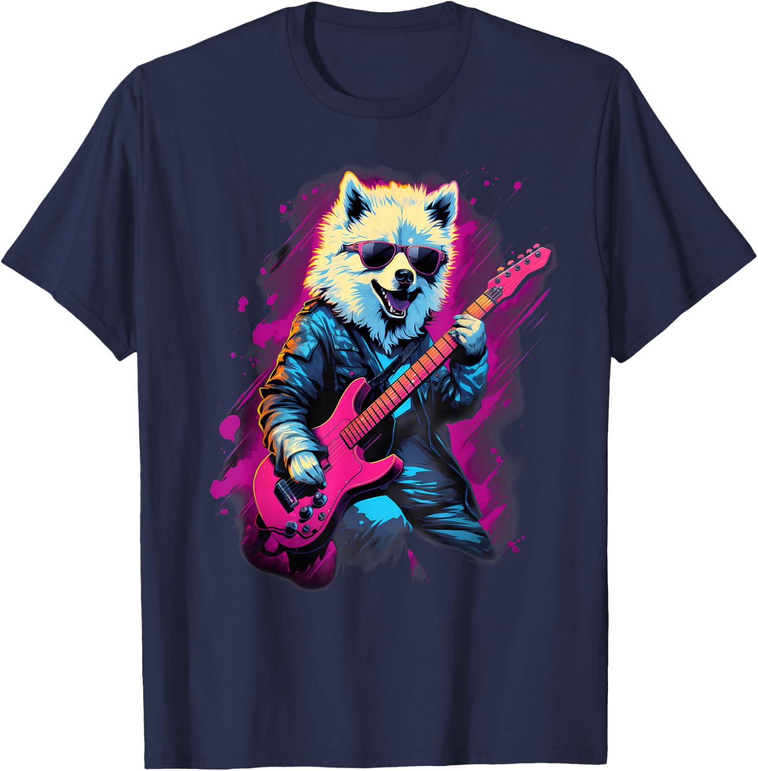 Punk Rock Guitar Samoyed Dog Guitarist T-Shirt - T-Shirt | Navy