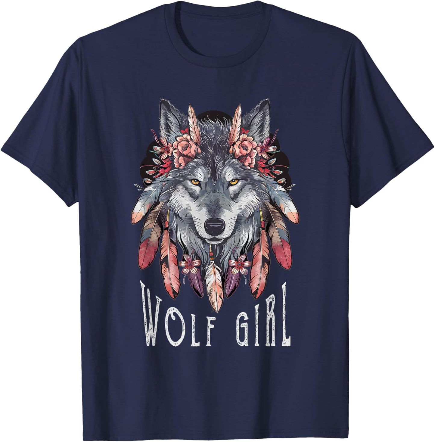 Wolf Girl Loves Wolves Women Children Feathers Floral Wolf , black T-Shirt - T-Shirt | Navy