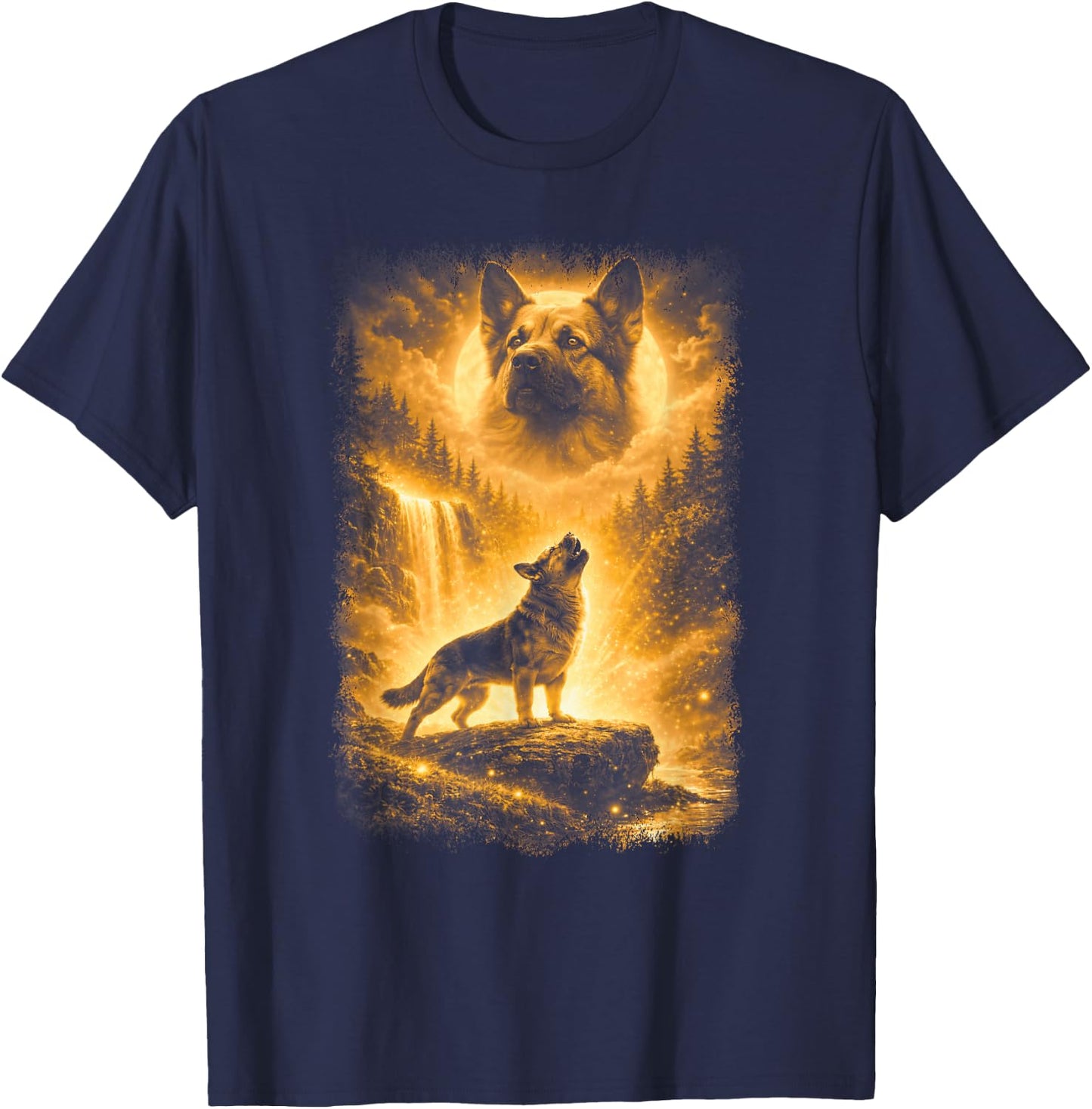 German Shepherd Howling to Moon | German Shepherd Graphic T-Shirt - T-Shirt | Navy
