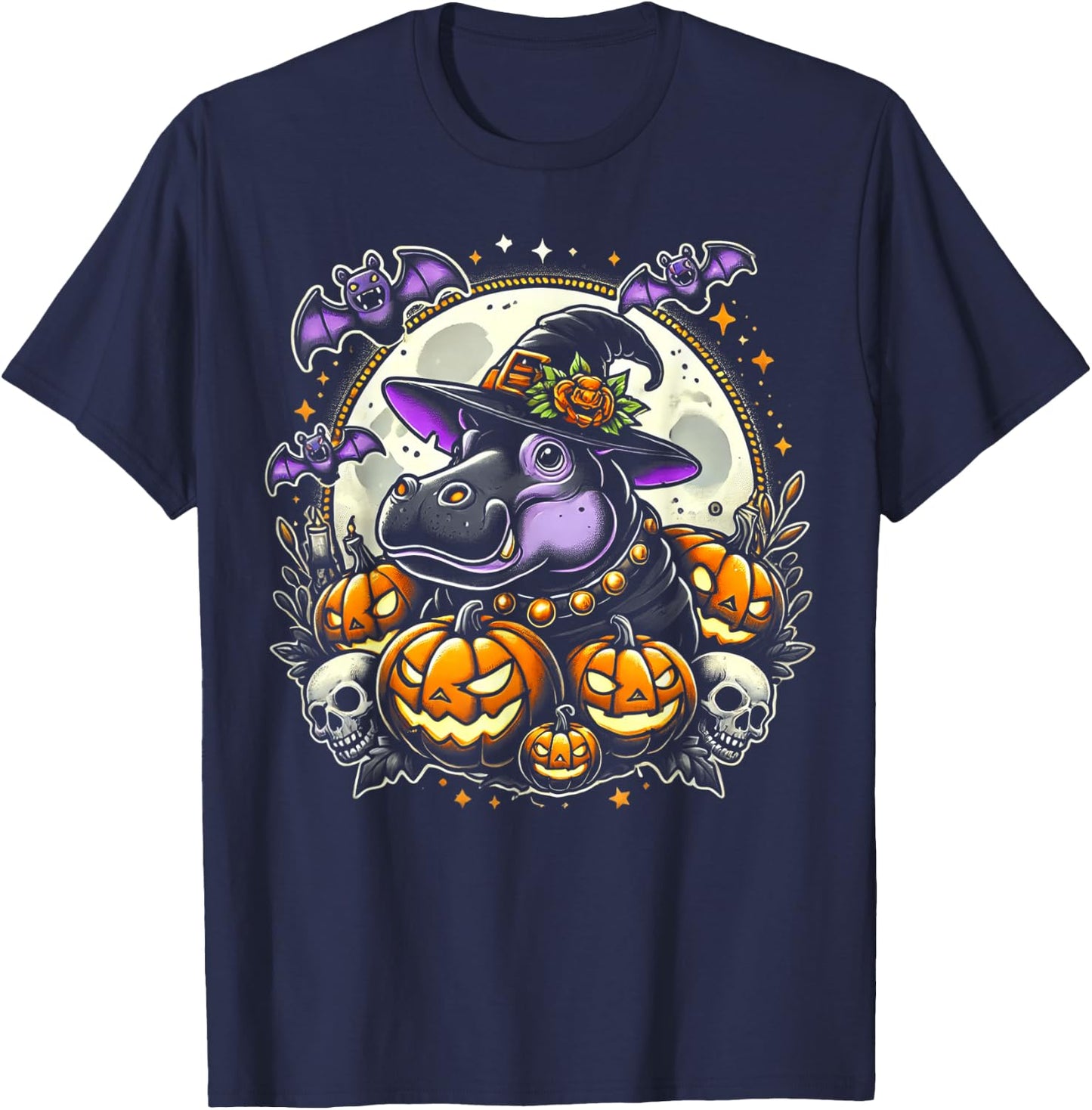 Hippo Witch Halloween Design T-Shirt - T-Shirt | Navy