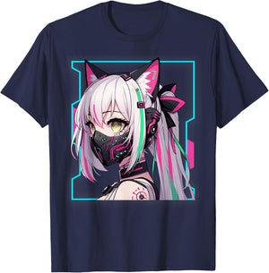 Kawaii Japanese Manga Anime Aesthetic Cyberpunk Techwear , Black, S T-Shirt - T-Shirt | Navy