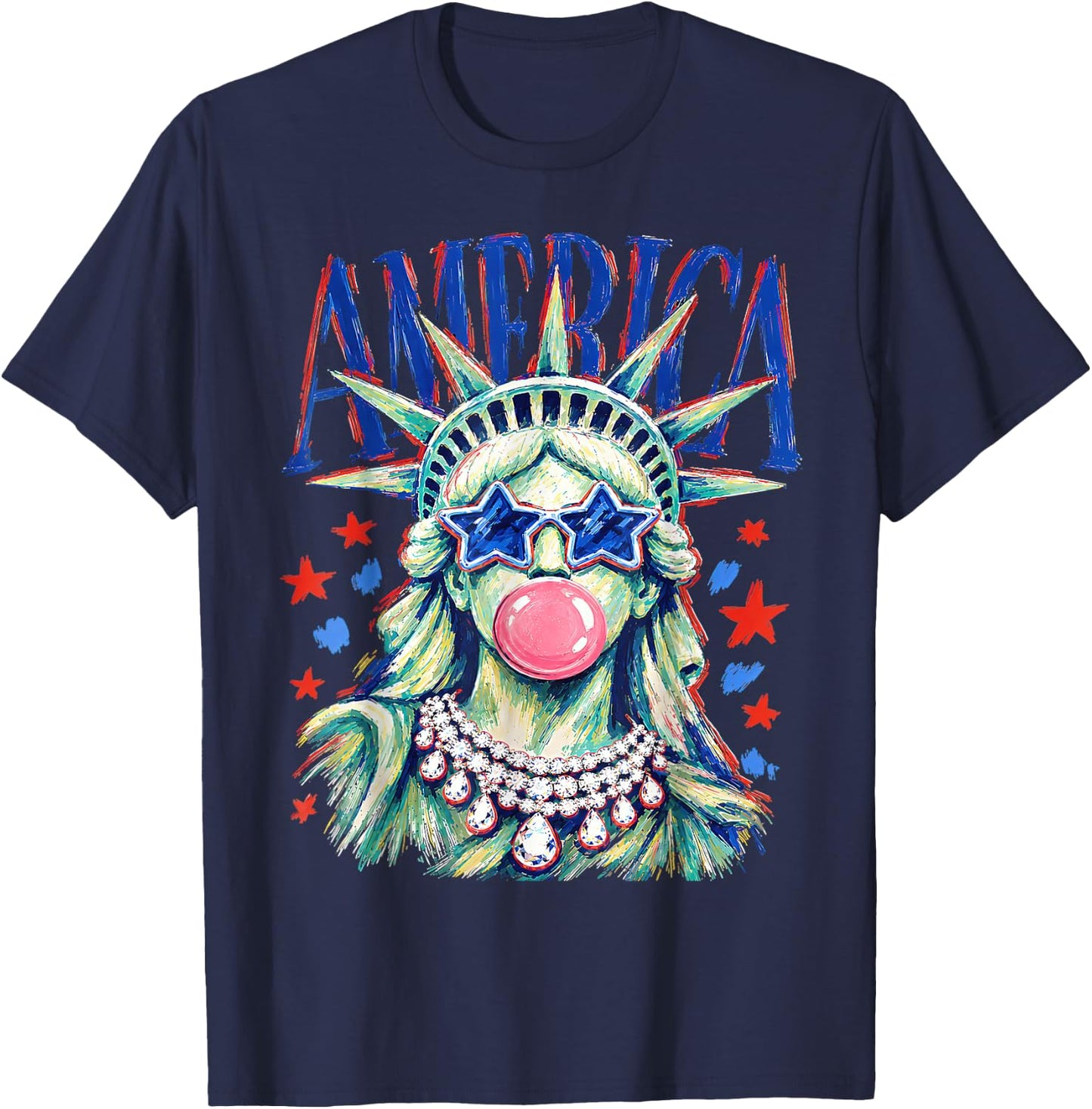Statue of Liberty Blowing Bubble Preppy Brushstroke USA T-Shirt - T-Shirt | Navy
