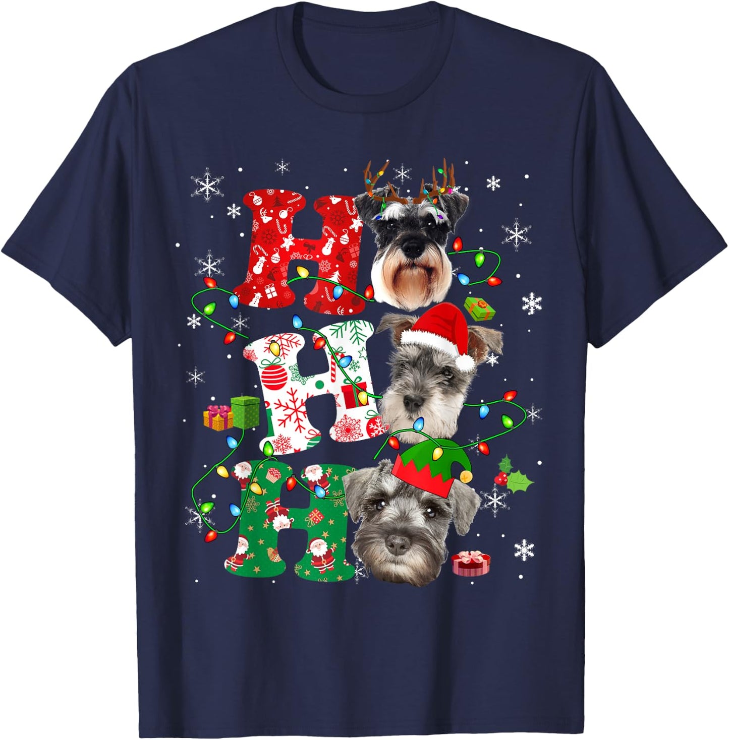 Ho3 Christmas Lights Santa Elf Reindeer Schnauzer T-Shirt - T-Shirt | Navy
