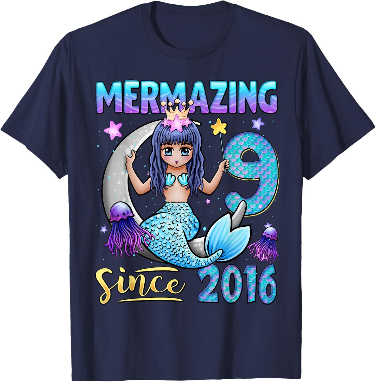 Mermaid Birthday Shirt 9 Years Old Mermaid 9th Birthday Girl T-Shirt - T-Shirt | Navy