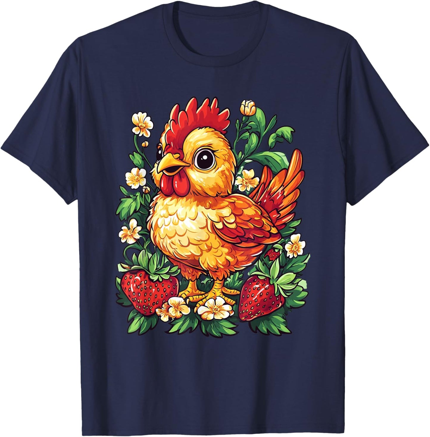 Chicken Strawberries and Flowers Graphic Cute Chicken T-Shirt - T-Shirt | Navy