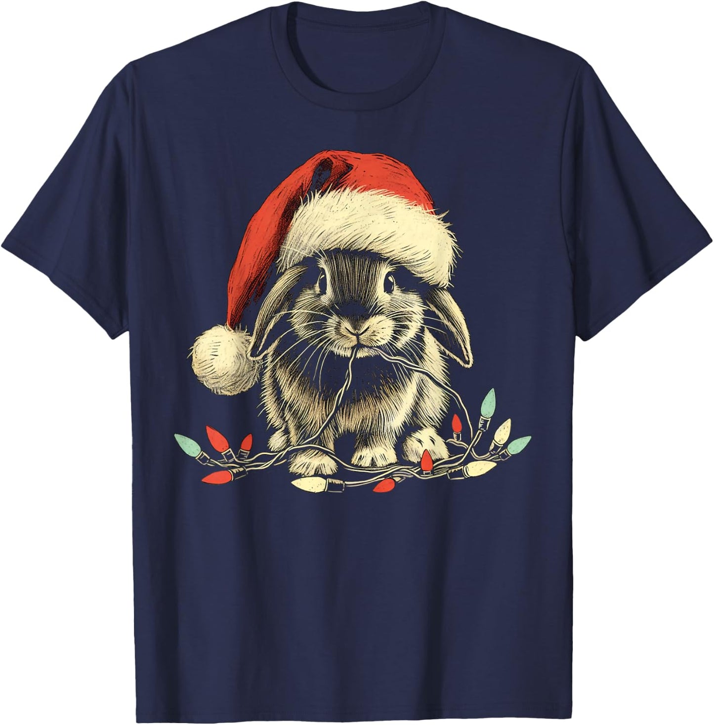 Holland Lop Rabbit Bunny Chew Christmas Light Xmas Holiday T-Shirt - T-Shirt | Navy
