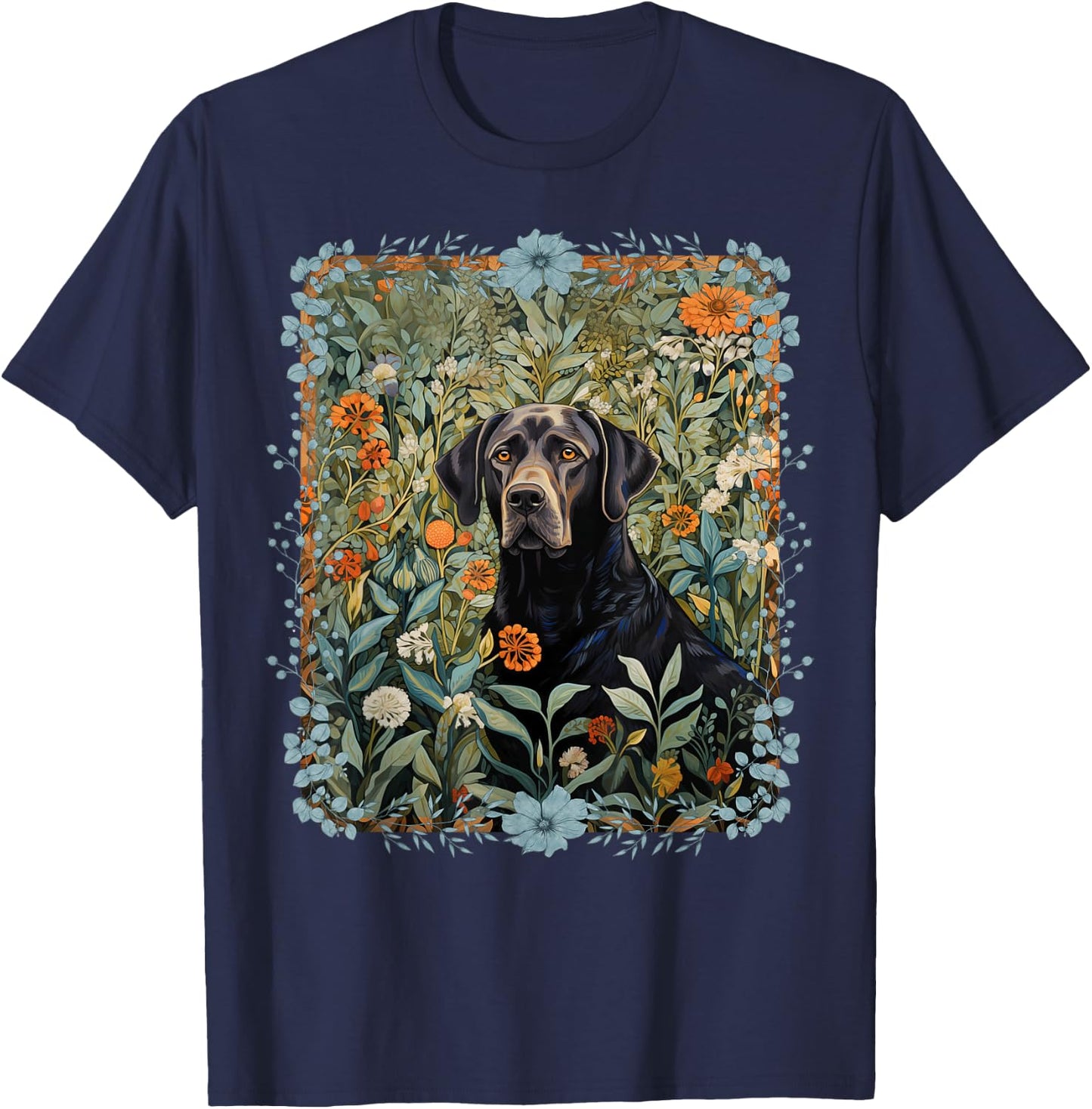 Black Labrador Retriever in William Morris Style Garden T-Shirt - T-Shirt | Navy