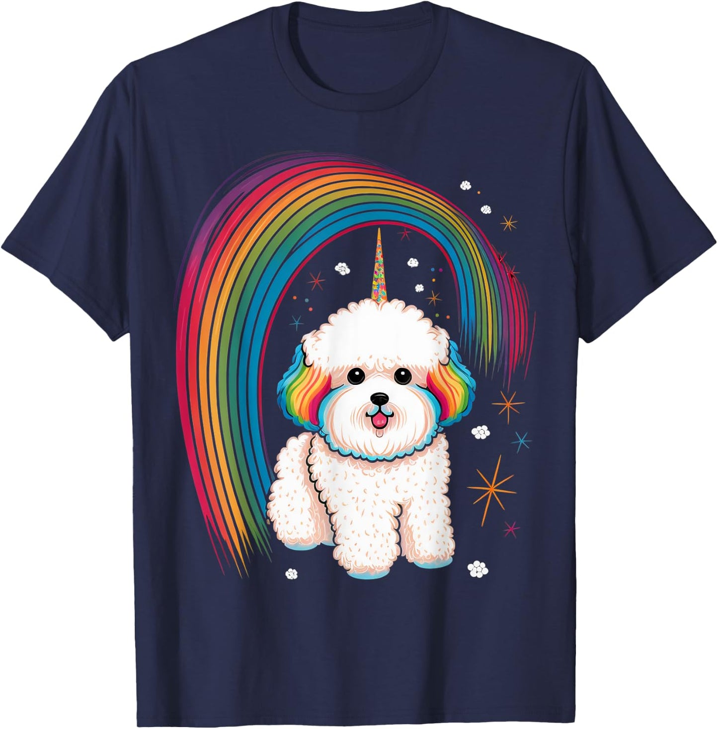 Bichon Frise Unicorn on Rainbow Unicorn Bichon Frise T-Shirt - T-Shirt | Navy