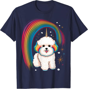 Bichon Frise Unicorn on Rainbow Unicorn Bichon Frise T-Shirt - T-Shirt | Navy