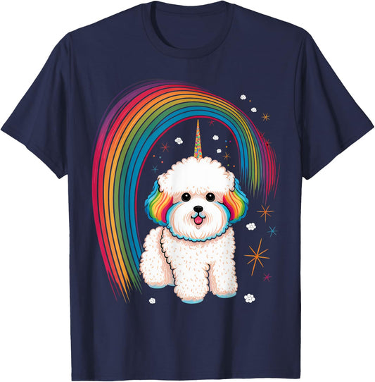 Bichon Frise Unicorn on Rainbow Unicorn Bichon Frise T-Shirt - T-Shirt | Navy