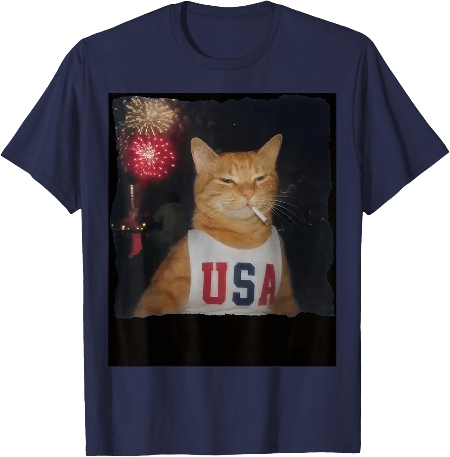Funny Patriotic Orange Cat Fireworks 4th of July USA Flag T-Shirt - T-Shirt | Navy