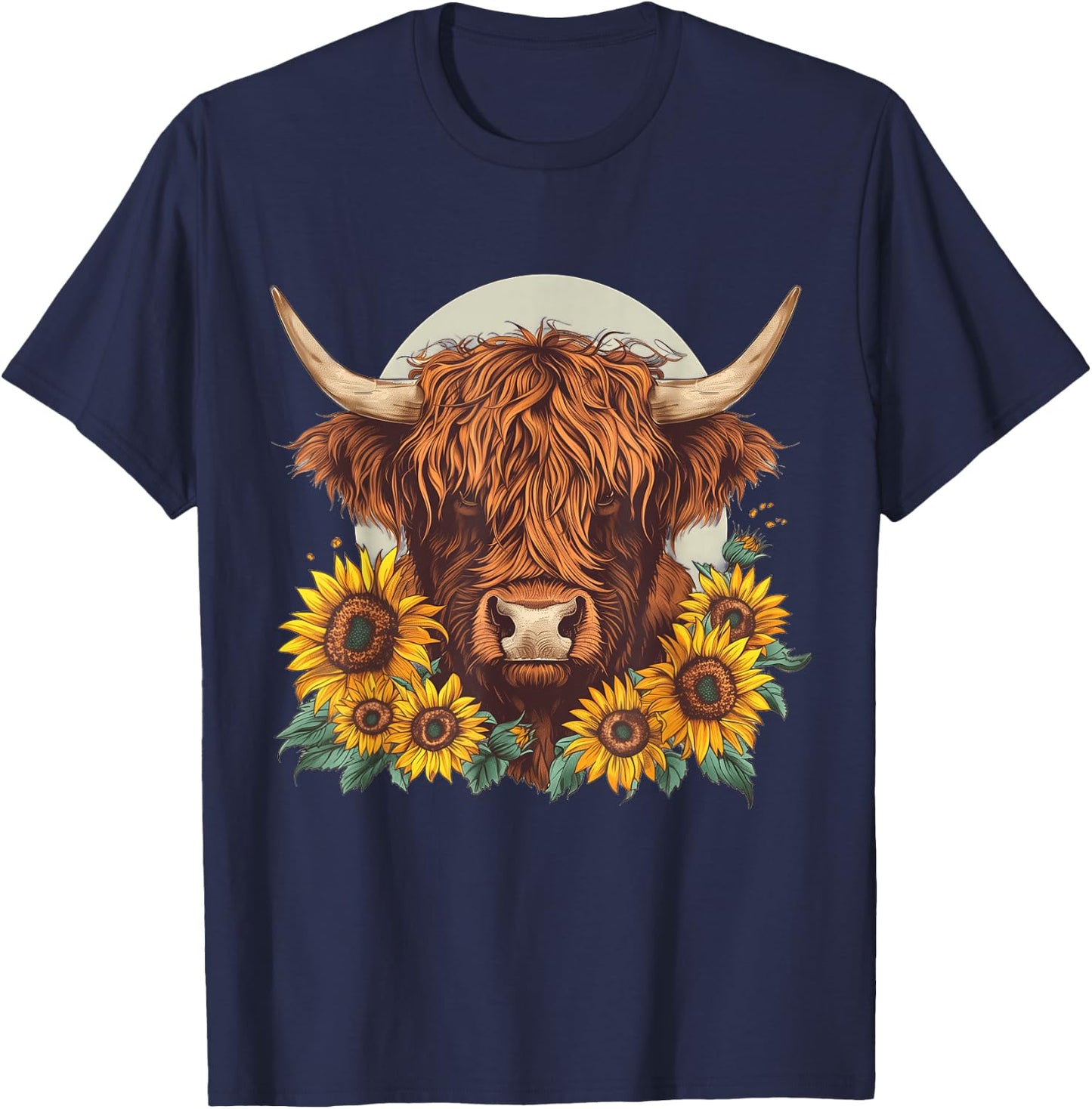 Highland Cow Sunflower Floral Farmer Farm Animal Vintage T-Shirt - T-Shirt | Navy