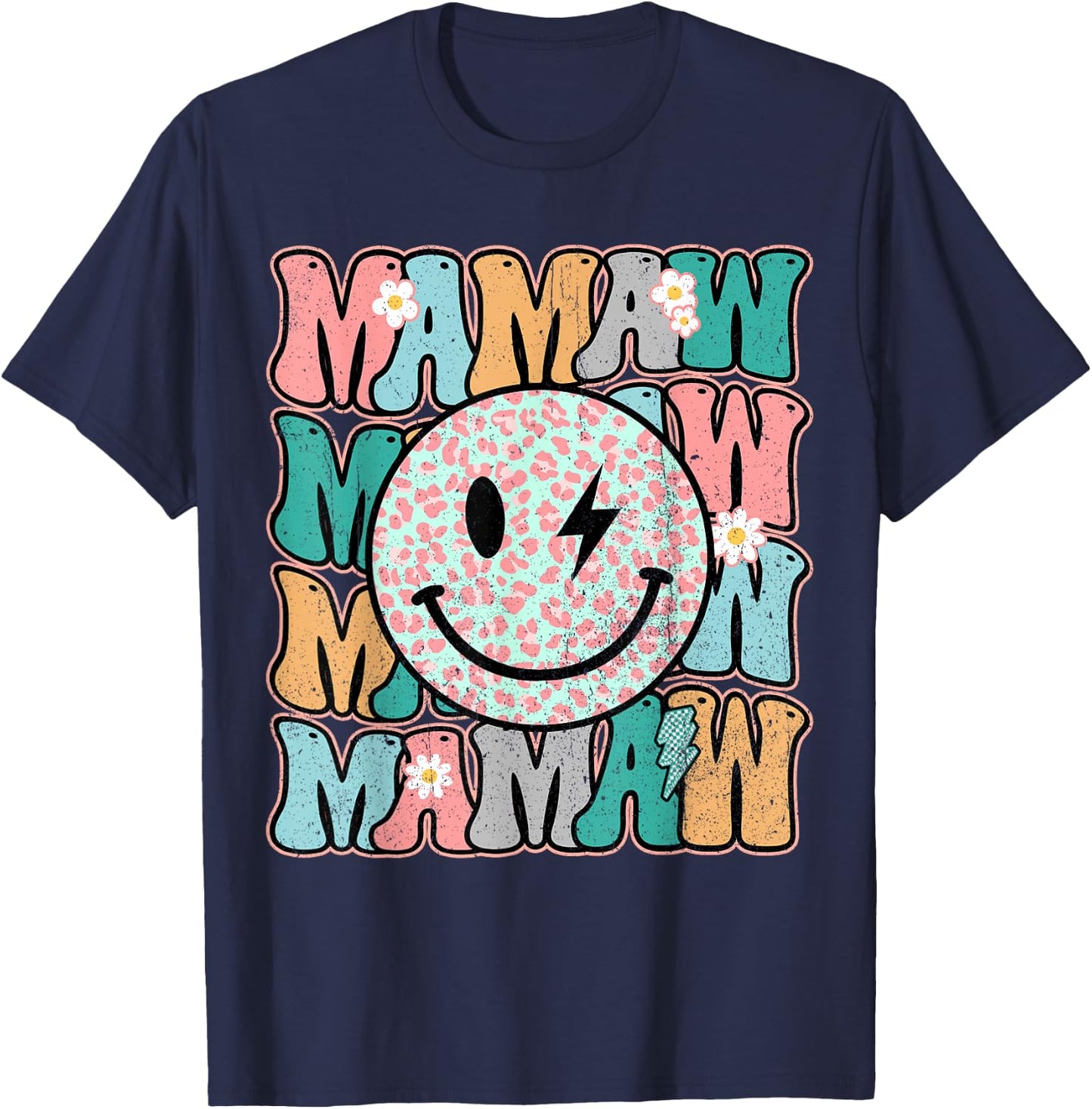 Groovy Mamaw Leopard Smile Face Grandma Life Mother's Day T-Shirt - T-Shirt | Navy