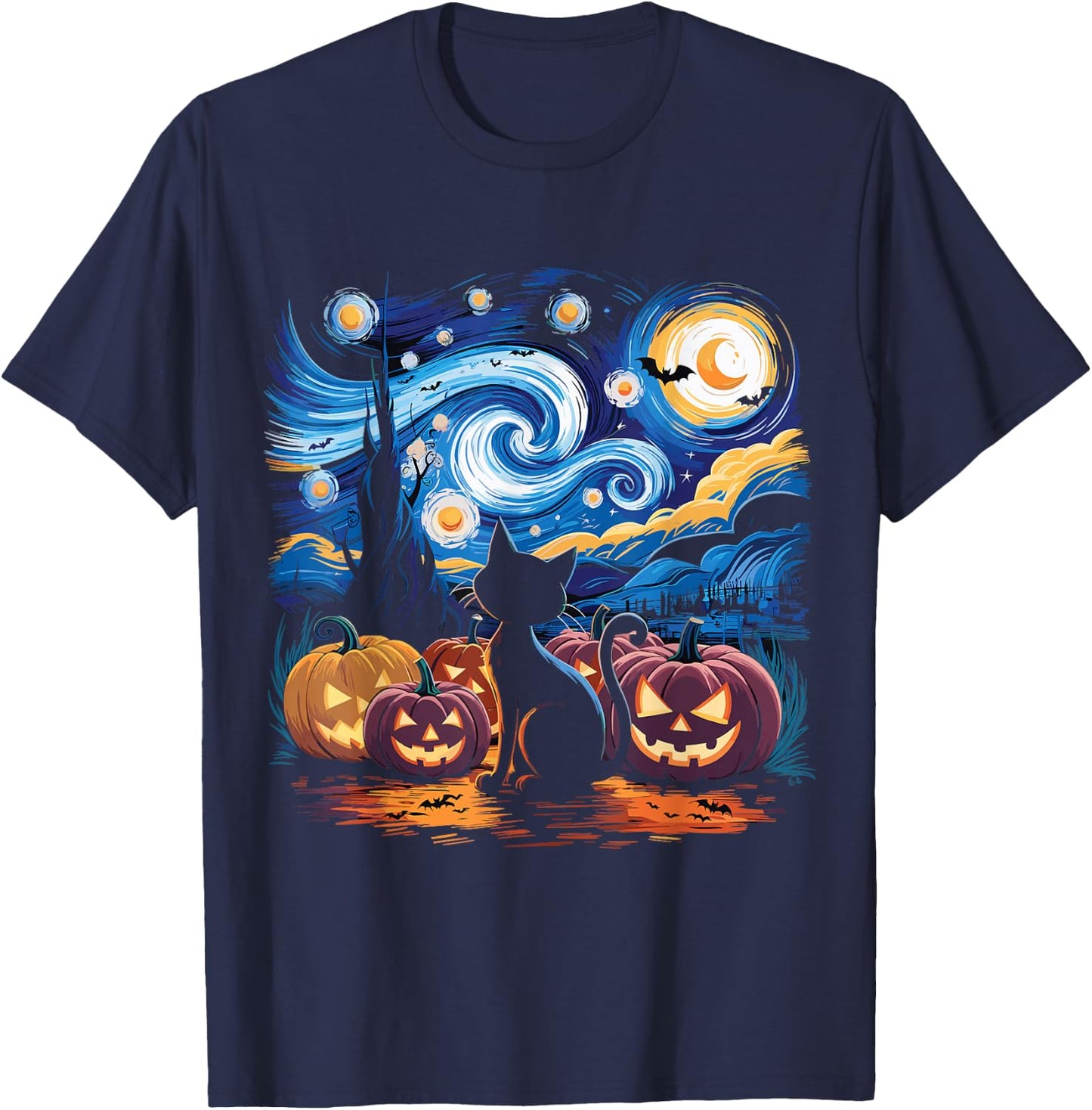 Halloween Van Gogh Starry Night Black Cat Pumpkin Shirt Men Women Kids T-Shirt - T-Shirt | Navy