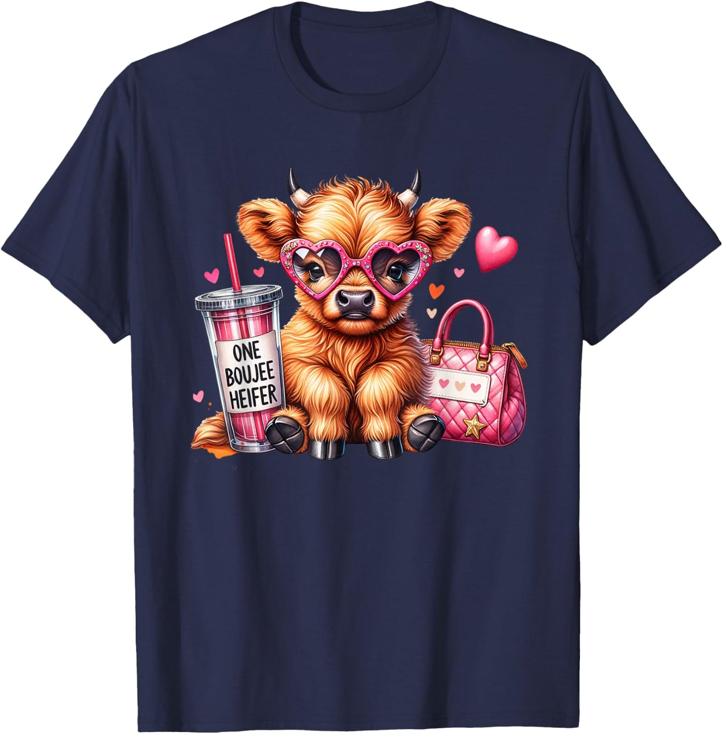 One Boujee Heifer Highland Cow Bougie Pink Tumbler Handbag T-Shirt - T-Shirt | Navy