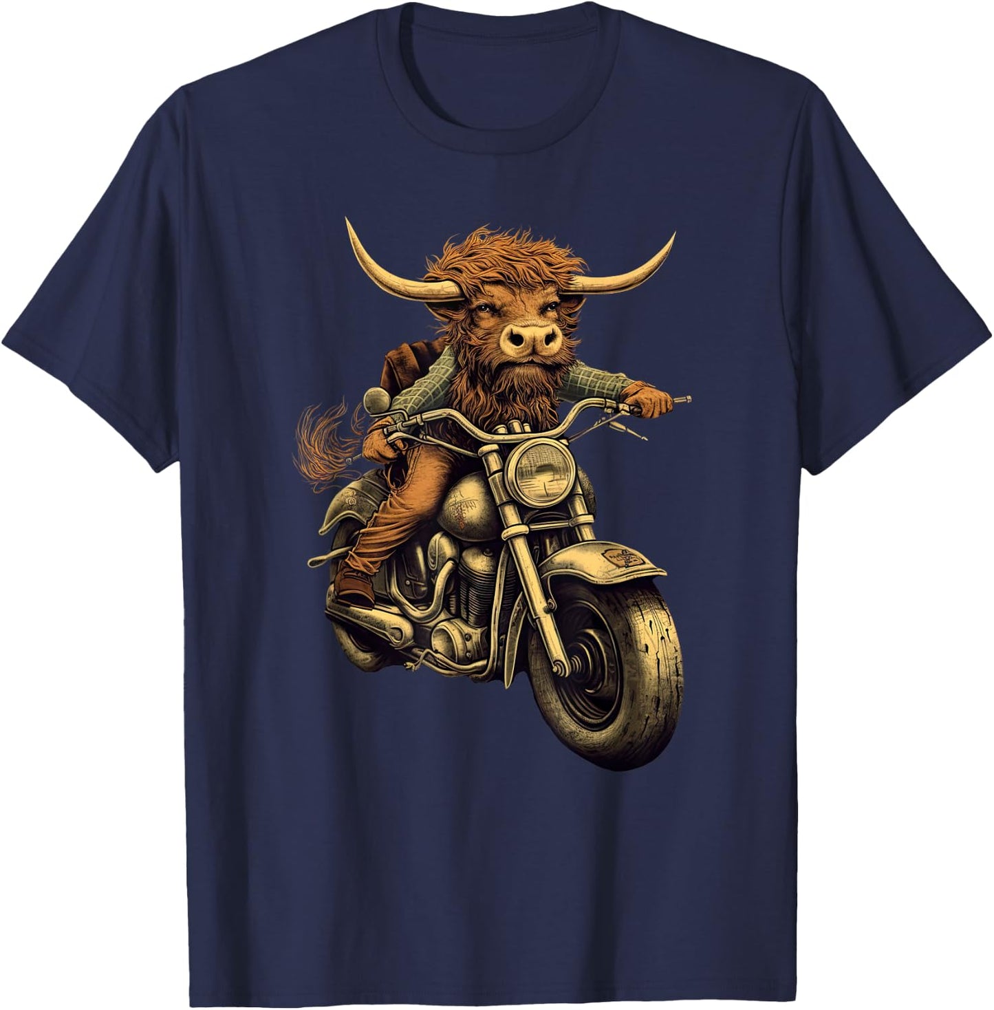 Scottish Highland Cow Cattle Hairy Cow Rides motorcycle men T-Shirt - T-Shirt | Navy