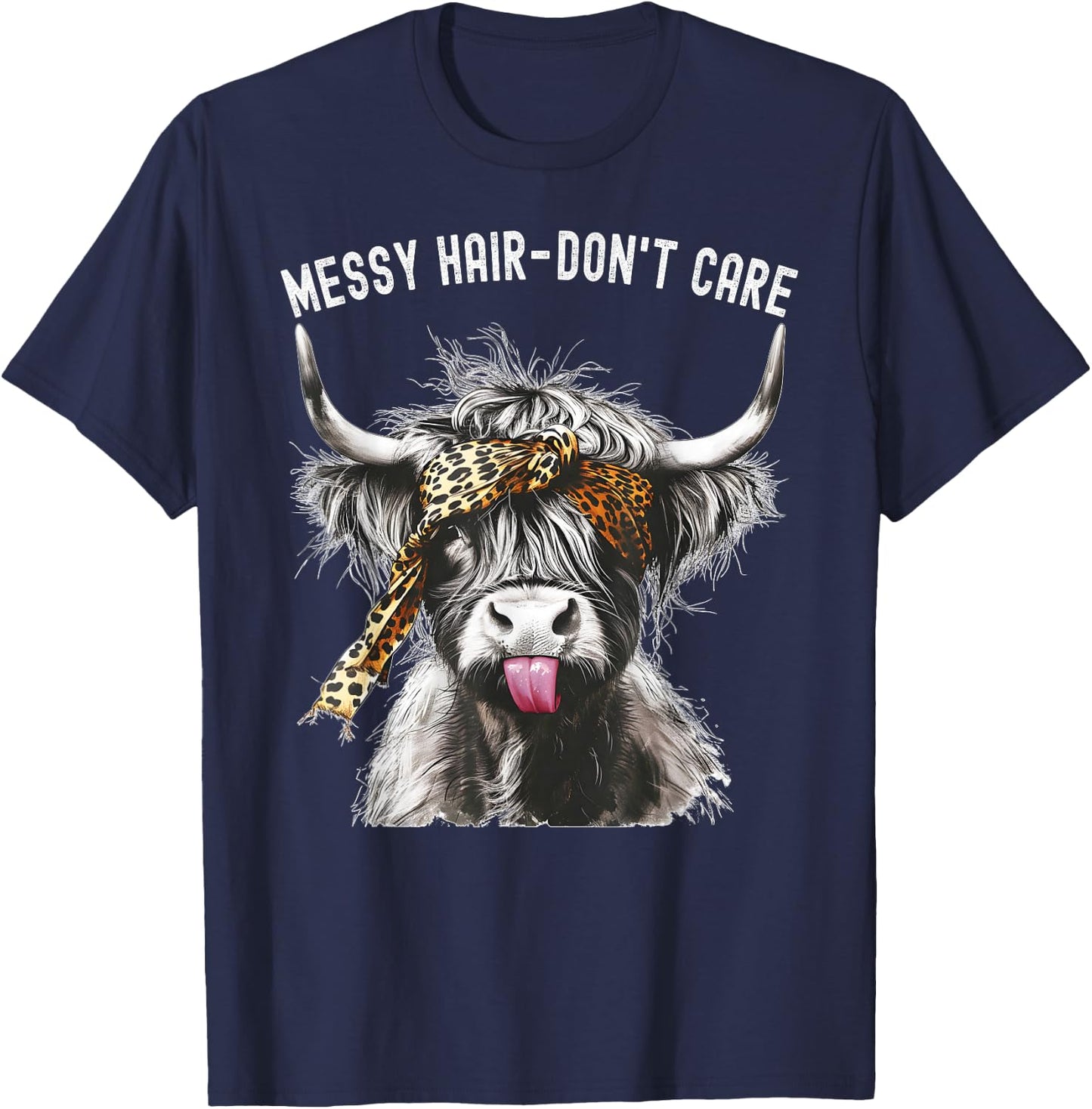 Highland Cow Leopard Print Messy Hair Don't Care Western T-Shirt - T-Shirt | Navy