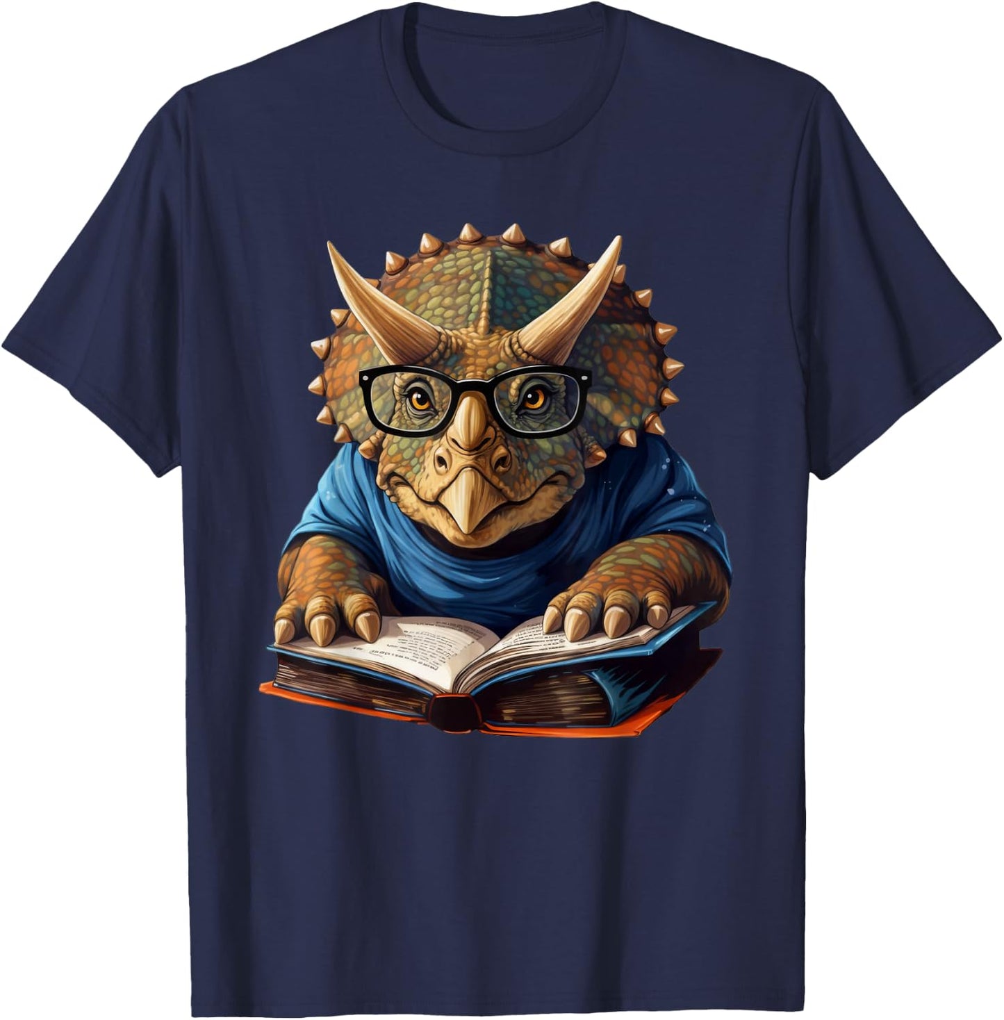 Triceratops Dinosaur Reading Book Nerd T-Shirt - T-Shirt | Navy