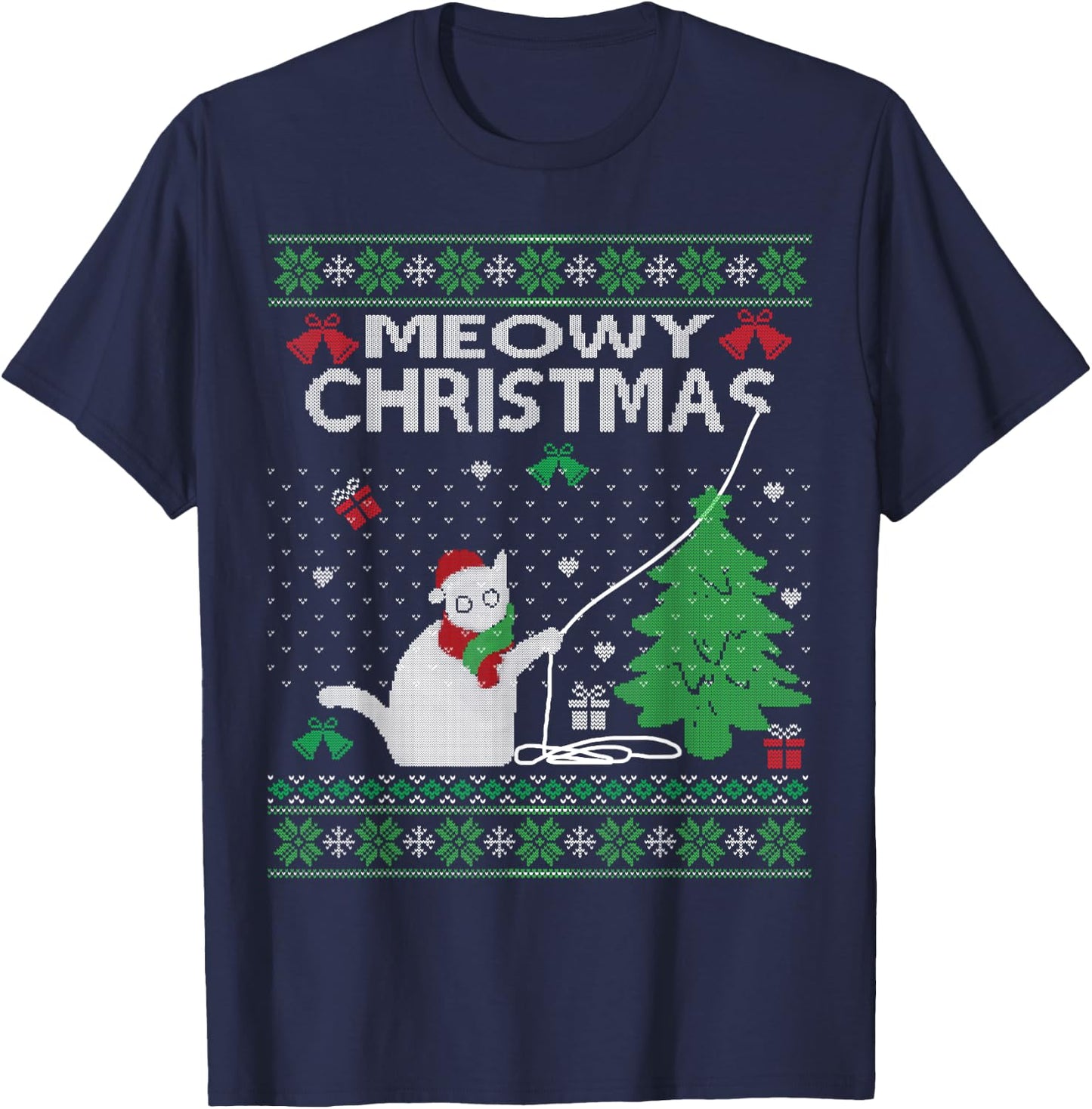 Funny Meowy Christmas Cats Xmas Cute Cat Lover Ugly Sweater Men Women Kids T-Shirt - T-Shirt | Navy