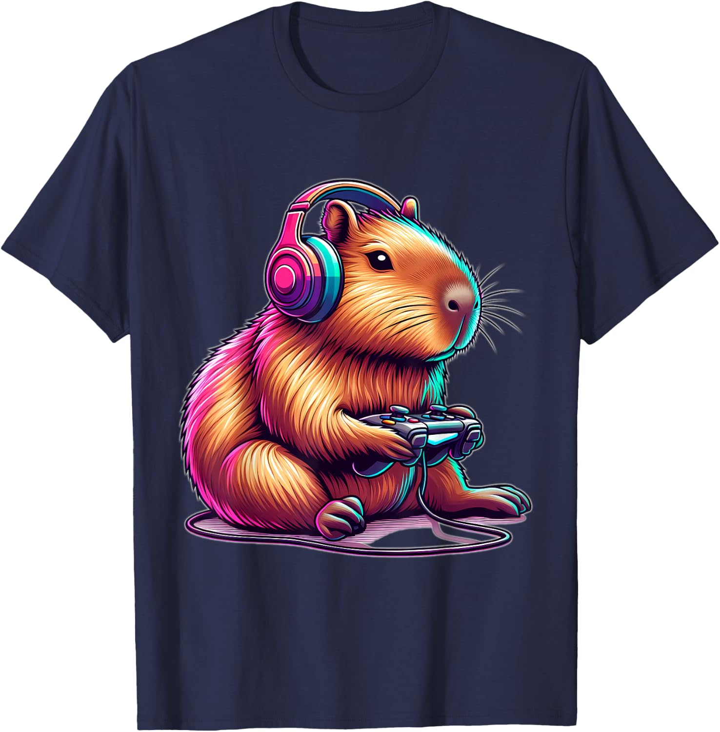 Capybara Gamer, amateur of funny video games , Black, S T-Shirt - T-Shirt | Navy