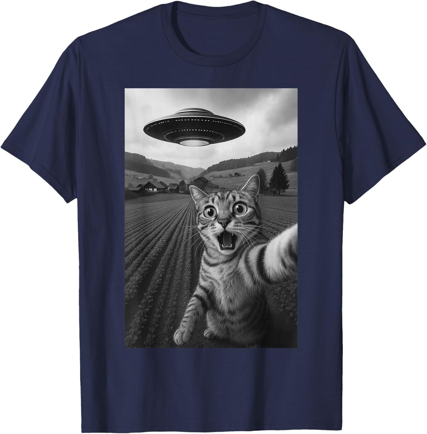 Cat Selfie With Alien UFO Funny Cat For Boys Men Women Kids T-Shirt - T-Shirt | Navy