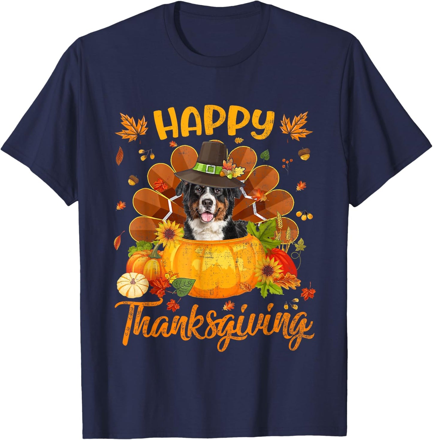 Happy Thanksgiving Bernese Mountain Dog Turkey Pumpkin T-Shirt - T-Shirt | Navy