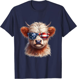Cute Highland Cow Fourth of July Independence Day USA Kids Men T-Shirt - T-Shirt | Navy