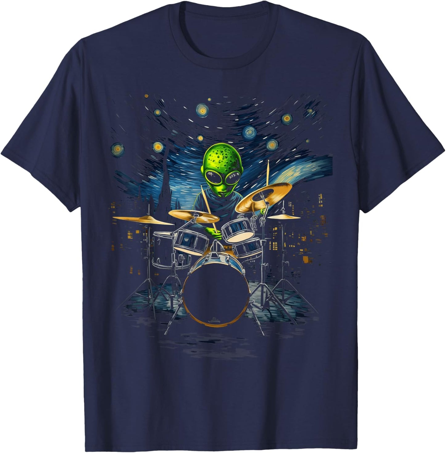 Van Gogh Alien Percussionist Drum Kit Playing Drum , Black, S T-Shirt - T-Shirt | Navy