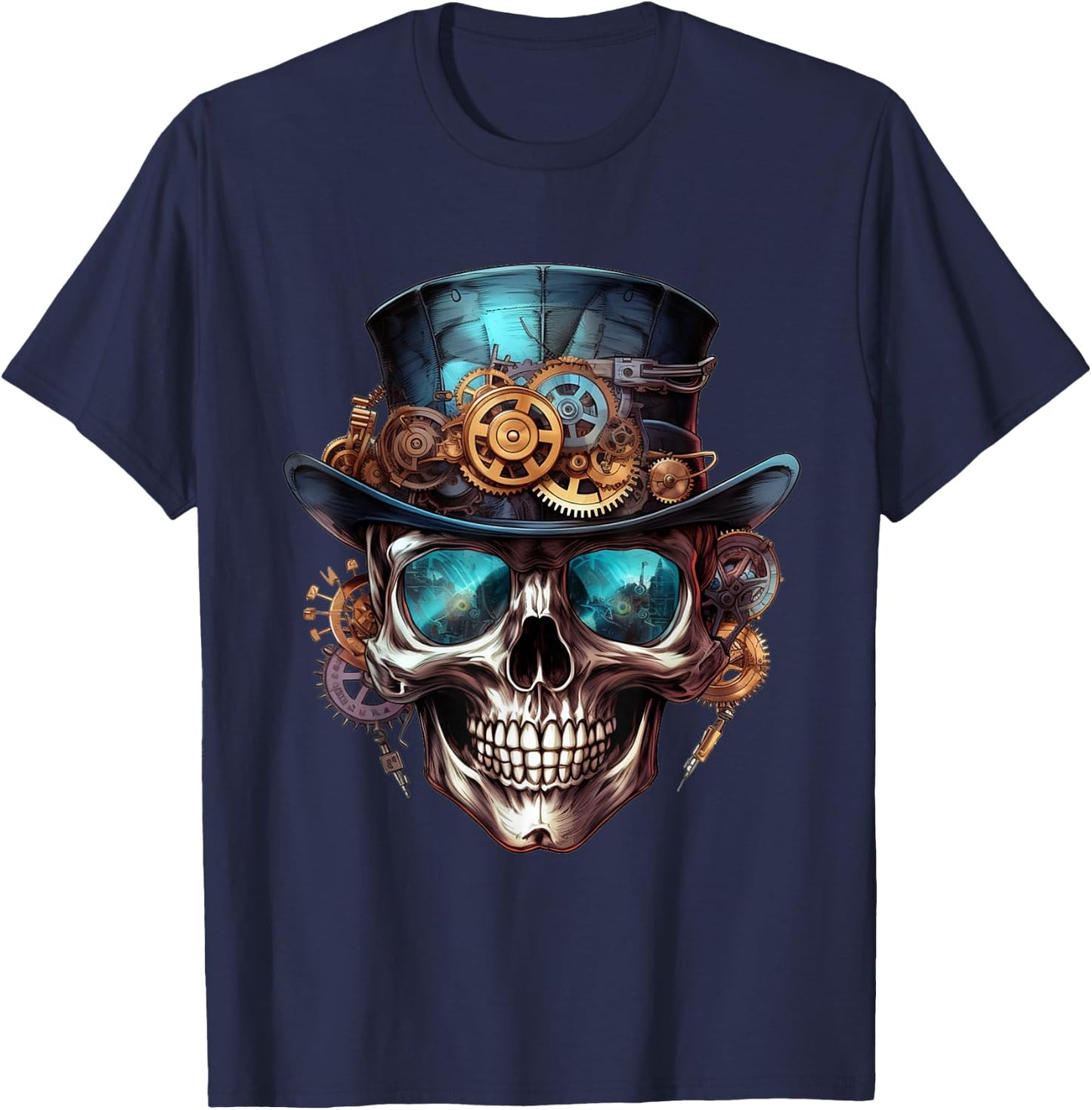 Steampunk Totenkopf Hut Zylinder Mechanik Zahnrad Cyborg T-Shirt - T-Shirt | Navy