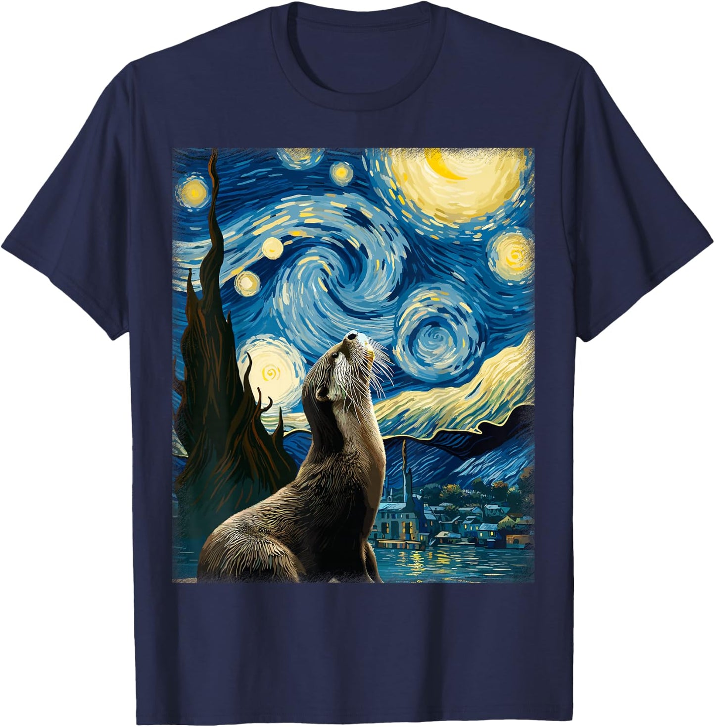 Starry Night Art Van Gogh Animal Surreal Parody Artsy Otter T-Shirt - T-Shirt | Navy