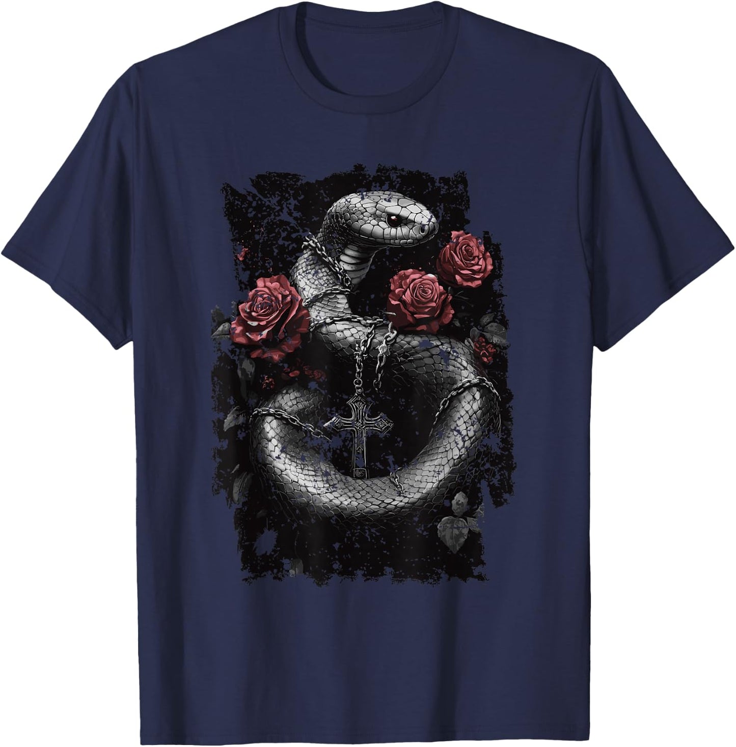 Snake with Roses and Cross - Gothic Snake T-Shirt - T-Shirt | Navy