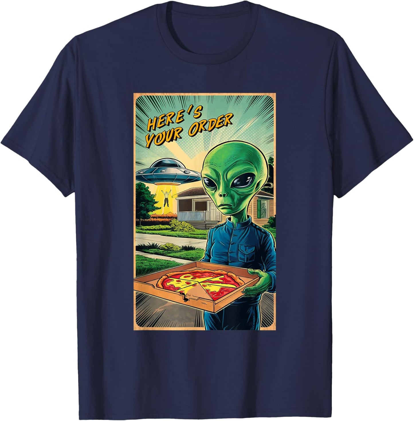 Funny Alien Delivery Pizza UFO Alien Eating Pizza T-Shirt - T-Shirt | Navy