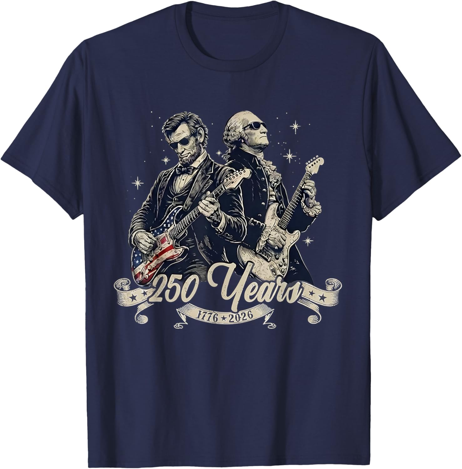 Patriotic 250th George Washington Abe Lincoln Playing Guitar T-Shirt - T-Shirt | Navy