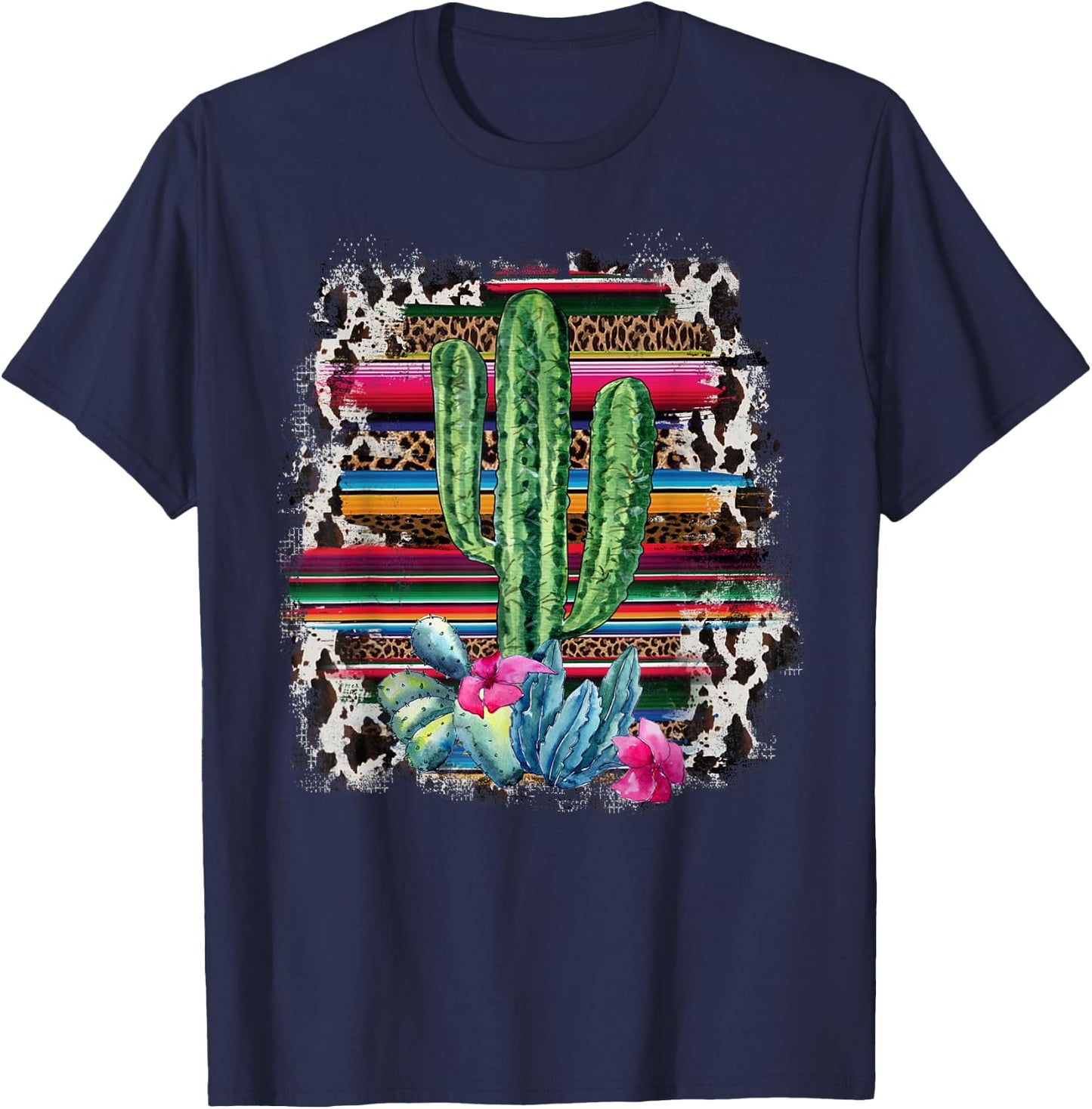 Funny Leopard Cactus Serape Cactus print Turquoise Western T-Shirt - T-Shirt | Navy