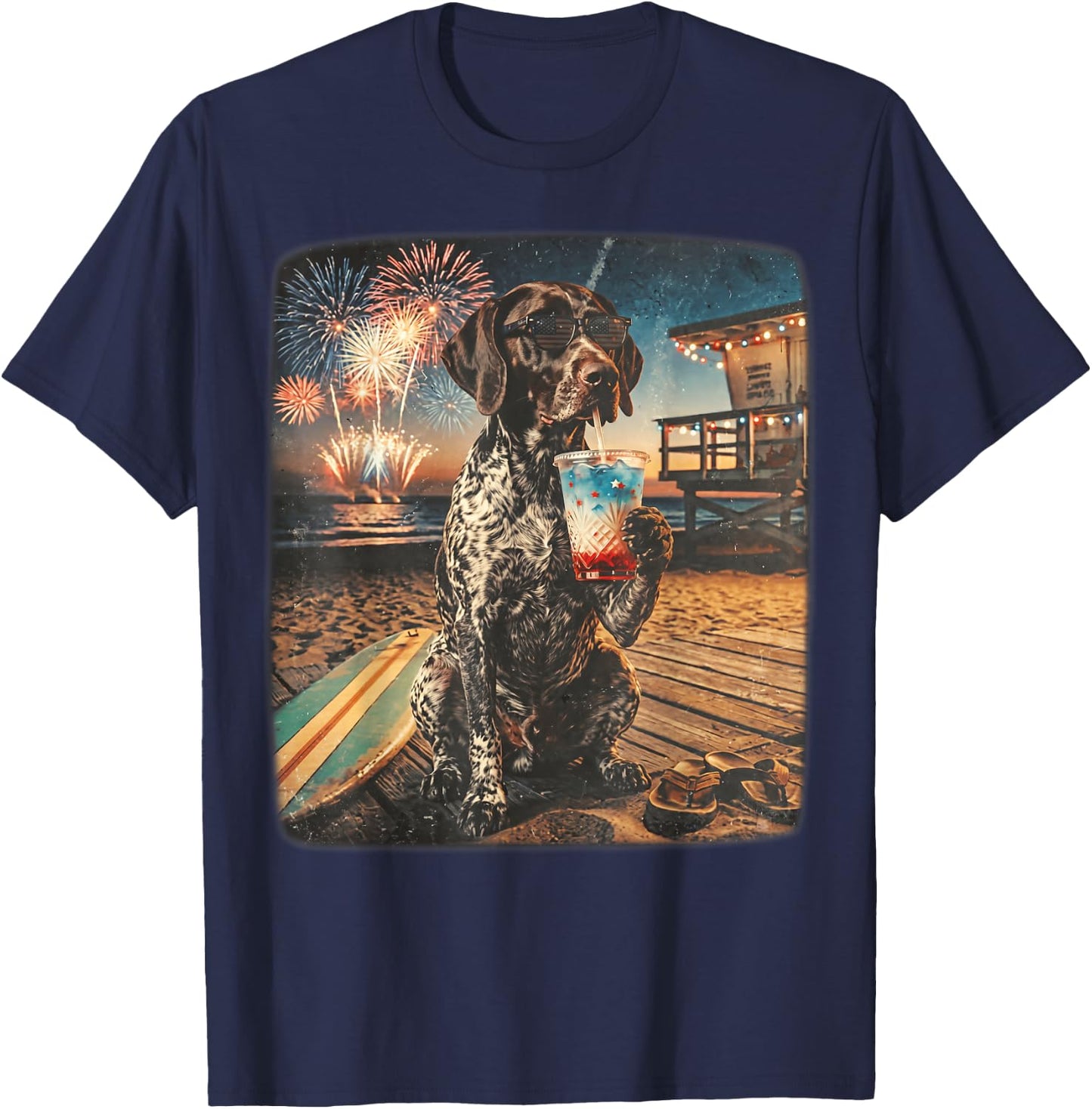 German Shorthaired Pointer Patriotic Beach Fireworks Dog Art T-Shirt - T-Shirt | Navy