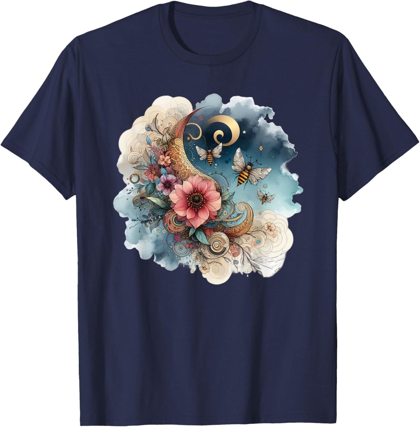 Floral Bee Watercolor Botanical Garden Moon Stars Graphic T-Shirt - T-Shirt | Navy