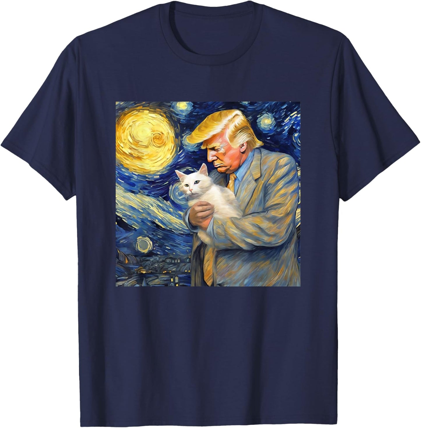 Starry Night Painting with Cat and Donald Trump Van Gogh T-Shirt - T-Shirt | Navy